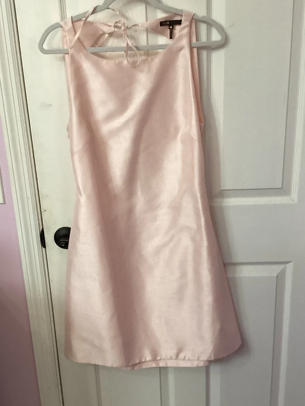 Maje Pale Pink Satin Mini Dress with Tie Straps